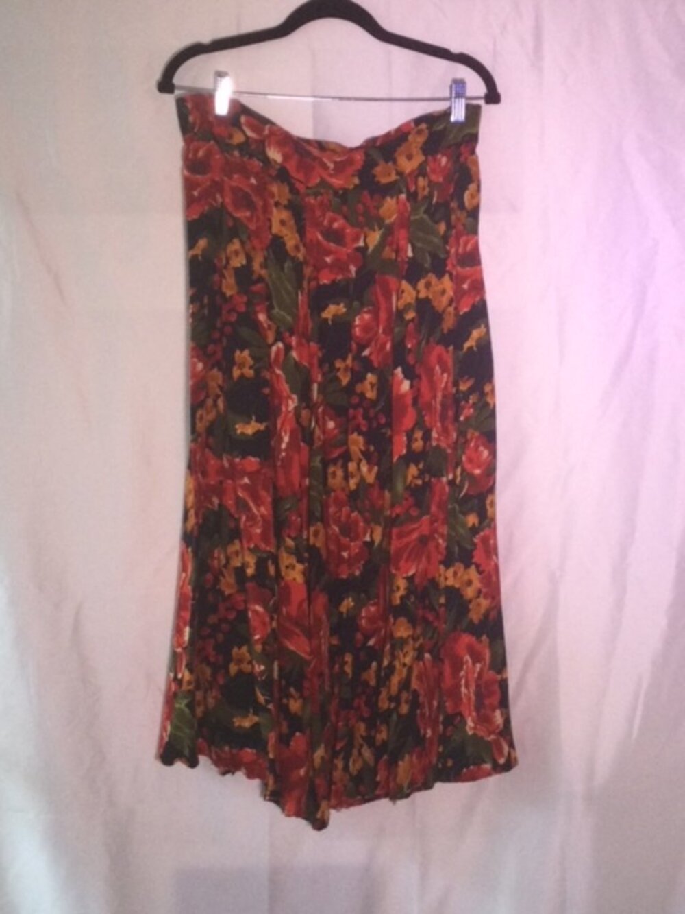Vintage Floral Rayon Midi Skirt Medium Red Rose Cottagecore Boho